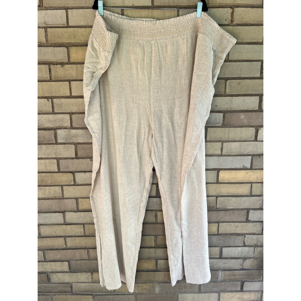 Belle by Kim Gravel Oatmeal Linen Blend Smocked Waist Wide Leg Pants Size 5X